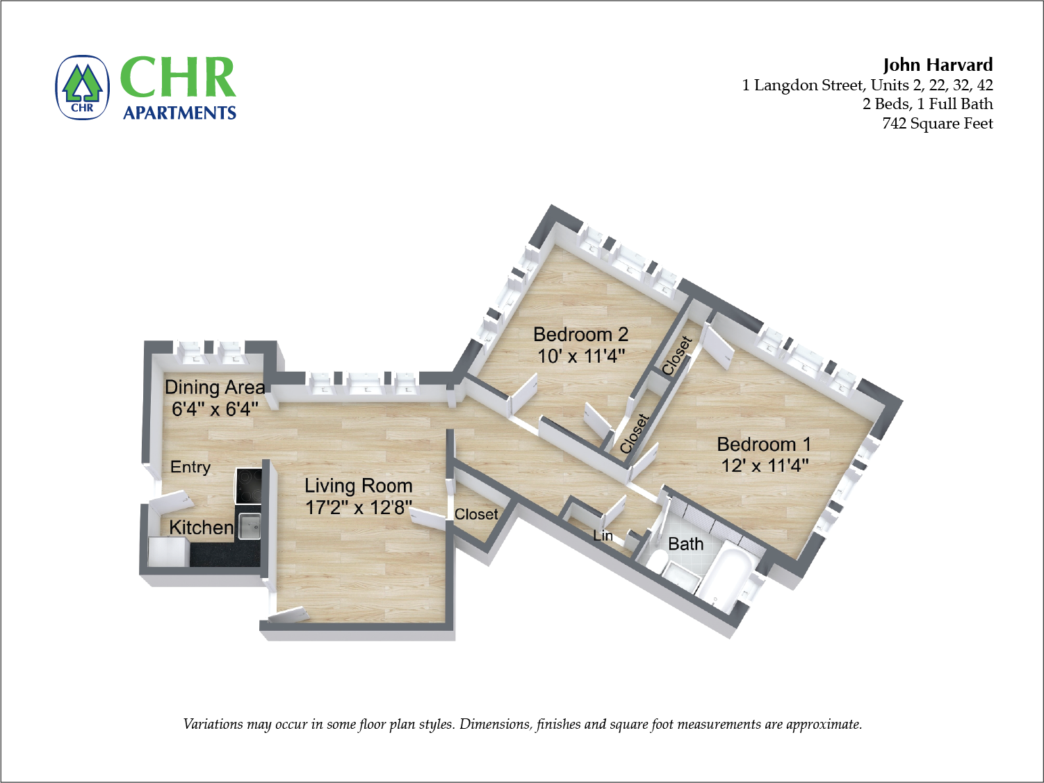 Floor plan for 2 beds, 1 bath, 893 sqft